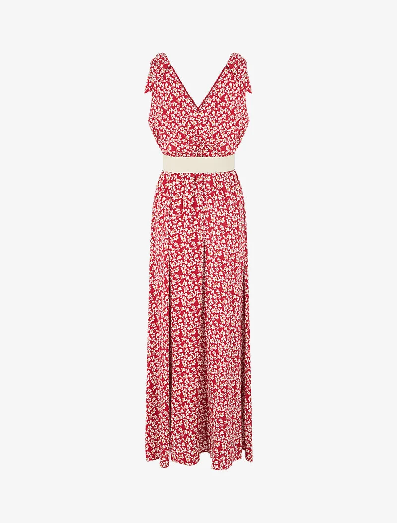 Robe imprimé fleuri à nœuds aux épaules - Rouge