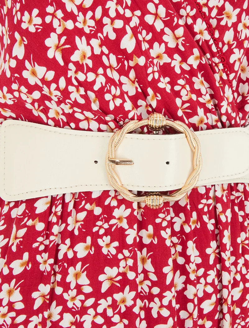 Robe imprimé fleuri à nœuds aux épaules - Rouge