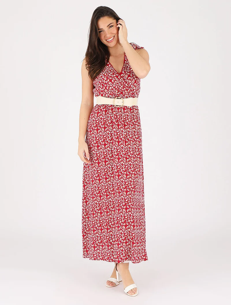 Robe imprimé fleuri à nœuds aux épaules - Rouge