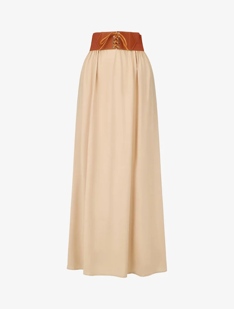 Jupe longue unie à taille élastiquée - Beige