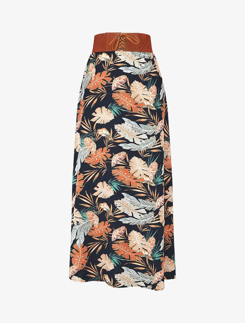 Jupe longue imprimé feuilles tropicales - Marine