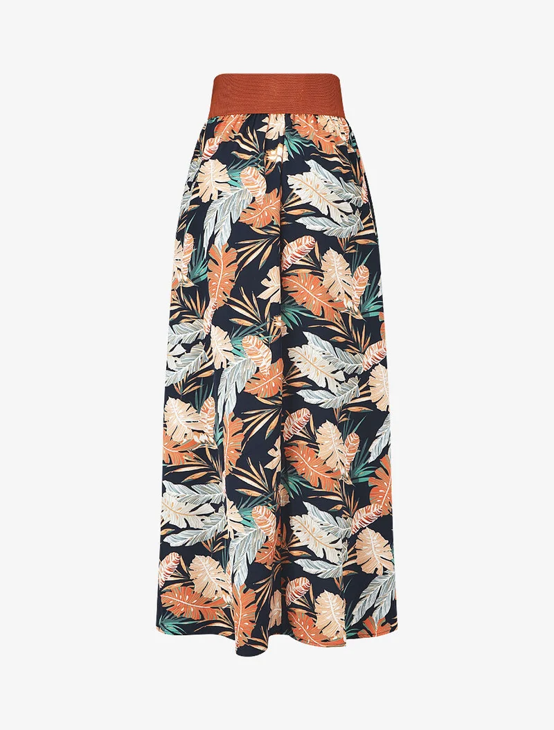 Jupe longue imprimé feuilles tropicales - Marine