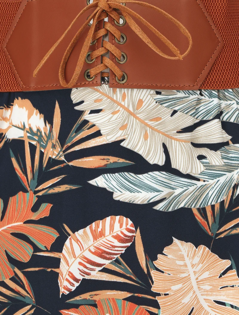 Jupe longue imprimé feuilles tropicales - Marine