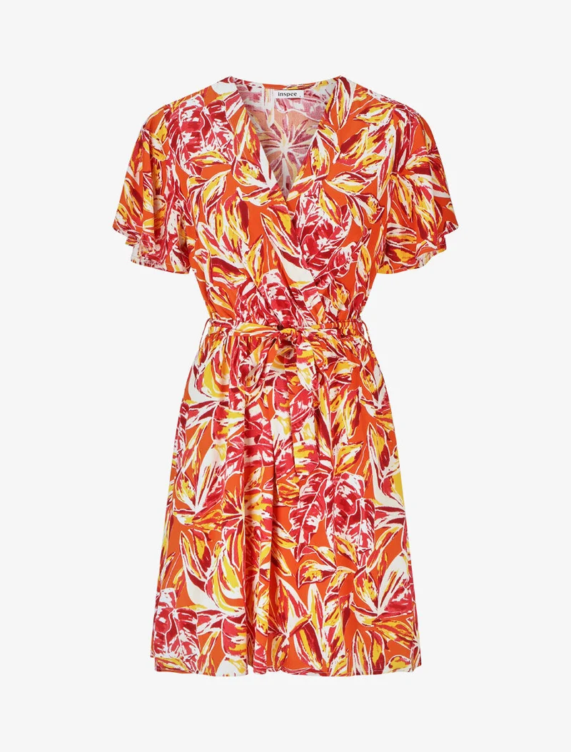 Robe mi-longue imprimé feuillage - Rouge