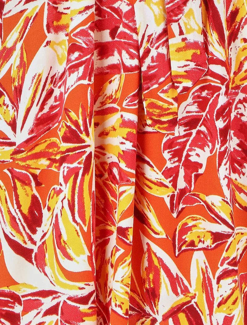 Robe mi-longue imprimé feuillage - Rouge