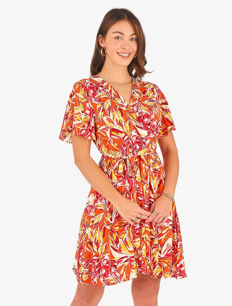 Robe mi-longue imprimé feuillage - Rouge