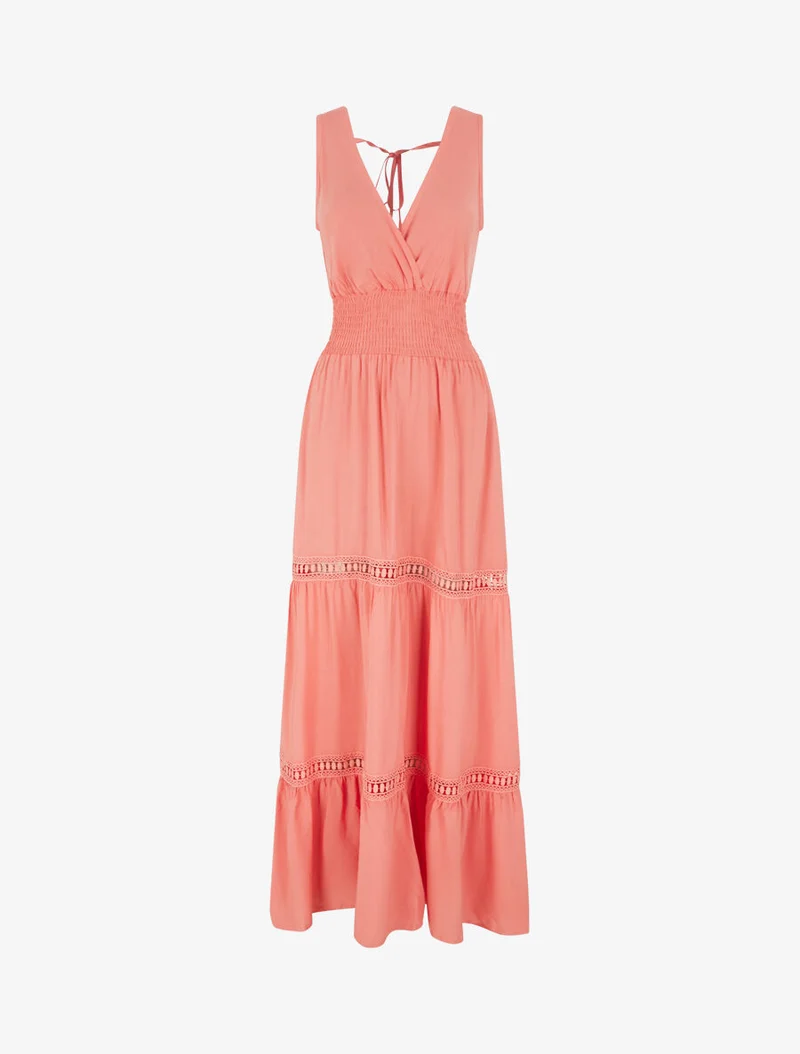 Robe longue élastiquée et liens à nouer - Corail