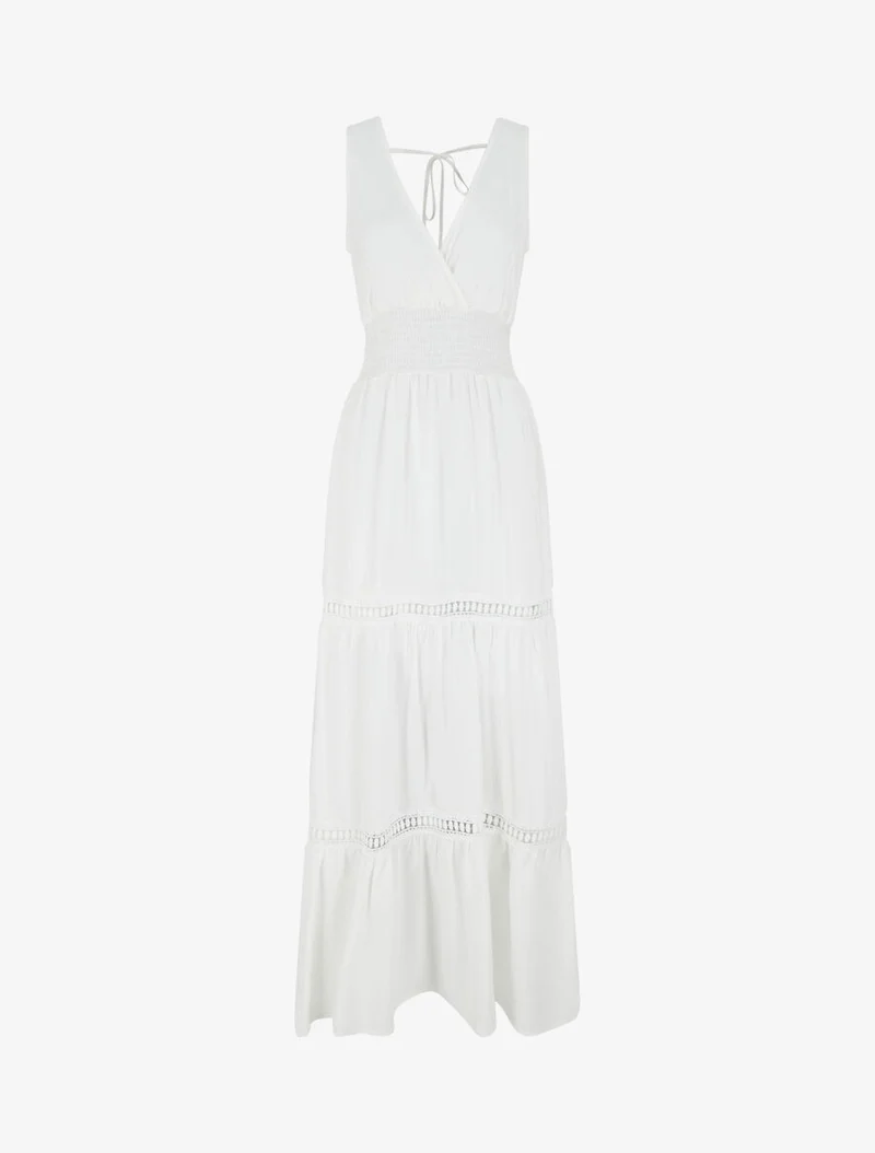 Robe longue élastiquée et liens à nouer - Blanc
