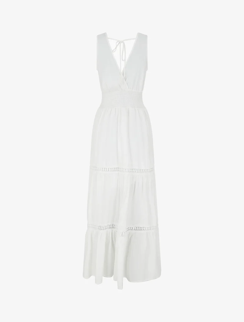 Robe longue élastiquée et liens à nouer - Blanc