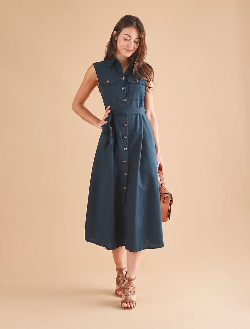 Robe évasée boutonnée à poches - Bleu pétrole