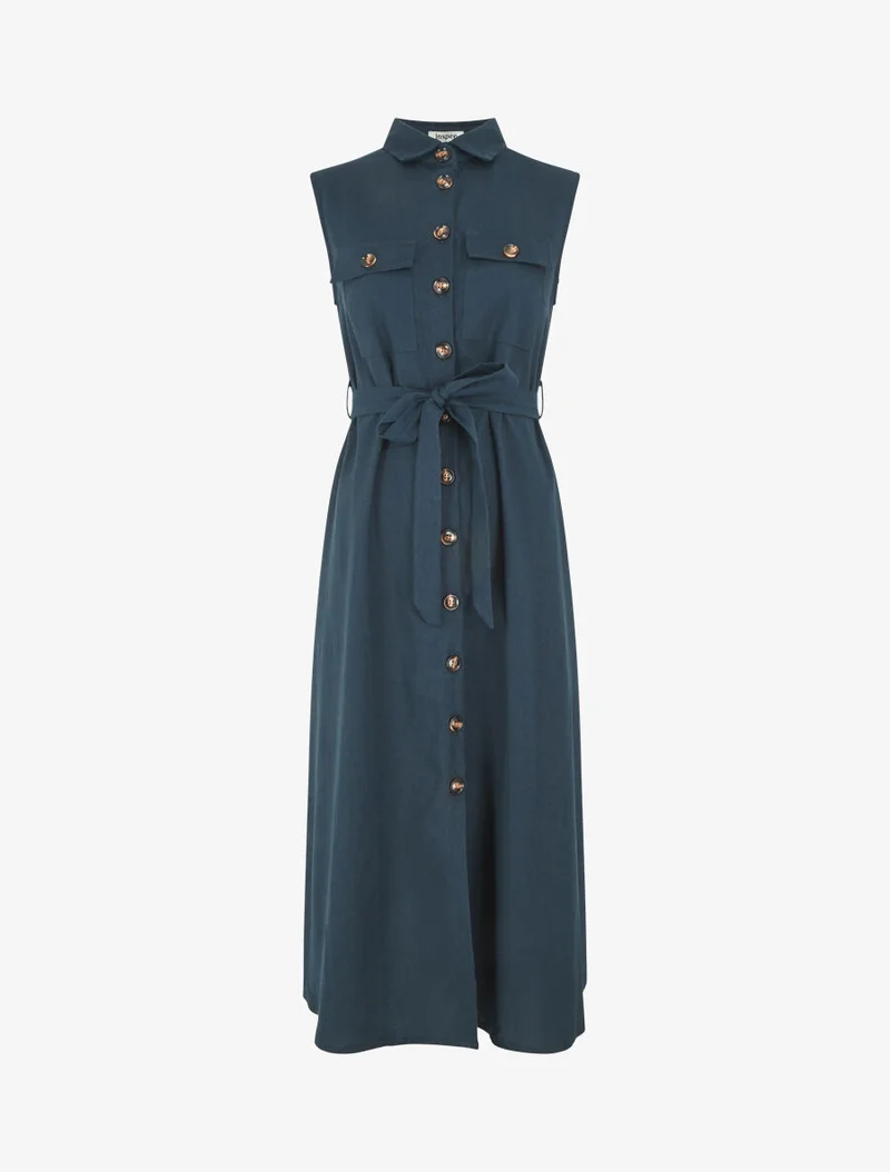 Robe évasée boutonnée à poches - Bleu pétrole