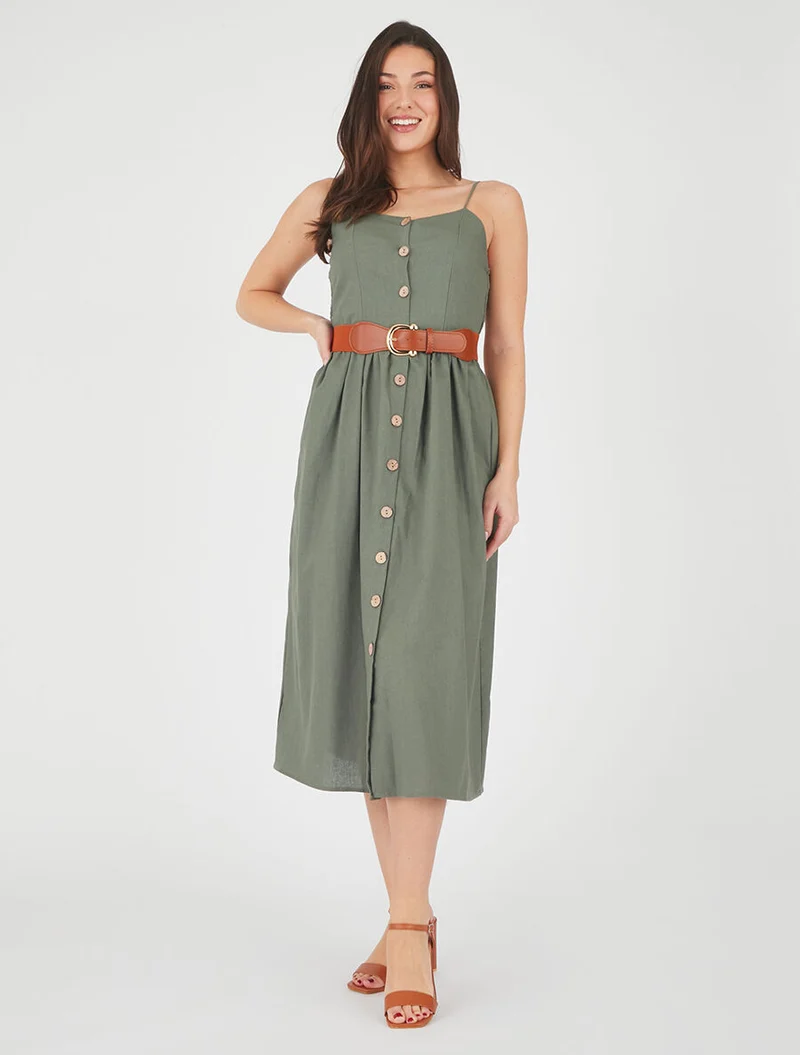 Robe unie effet lin - Kaki