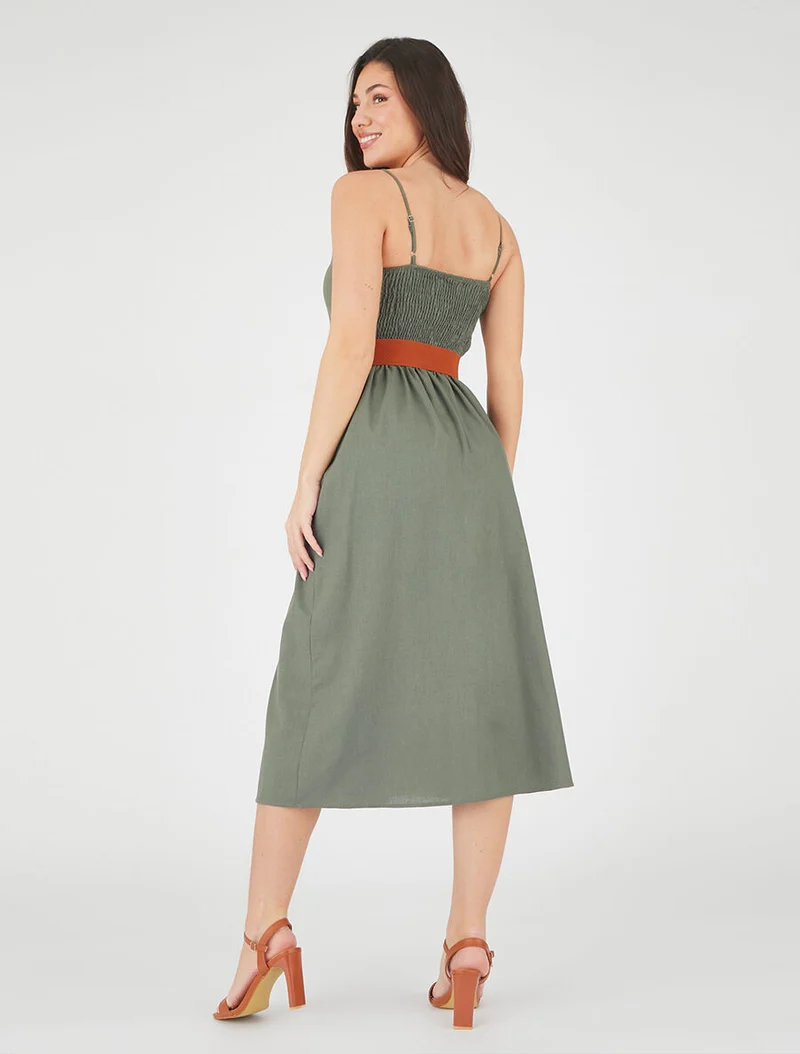 Robe unie effet lin - Kaki