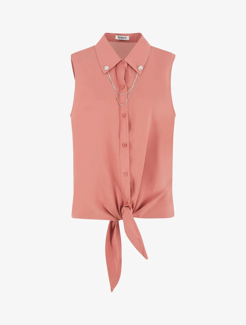 Top à nouer à détail chaînette - Corail