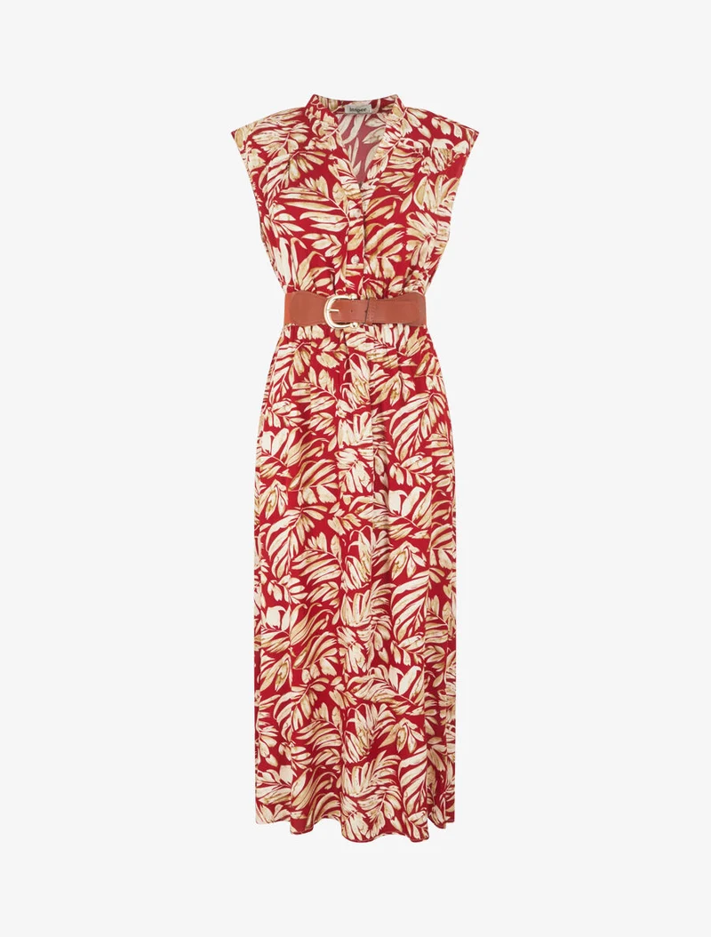 Robe évasée à boutons imprimé végétal - Rouge