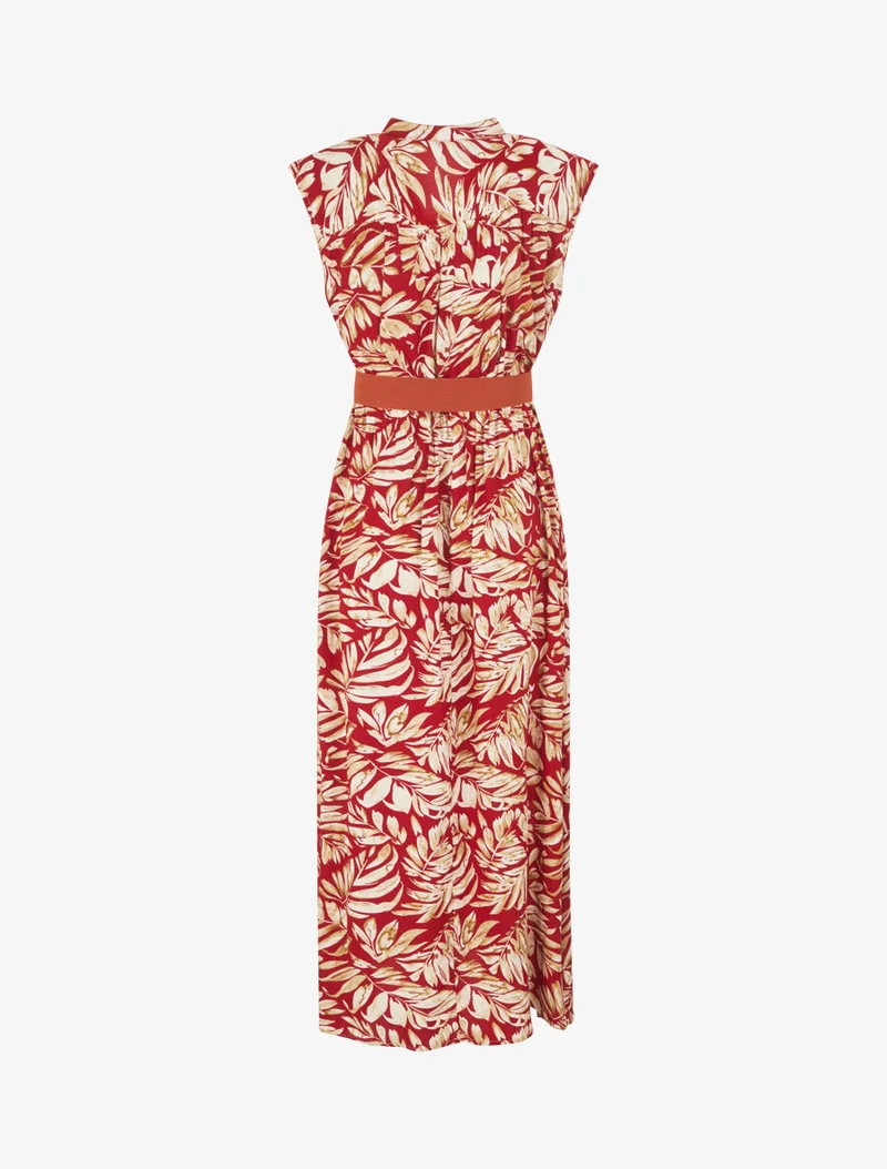 Robe évasée à boutons imprimé végétal - Rouge
