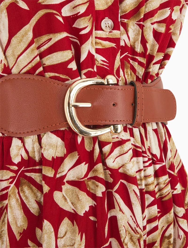 Robe évasée à boutons imprimé végétal - Rouge
