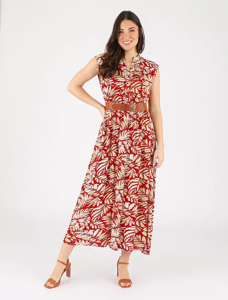 Robe évasée à boutons imprimé végétal - Rouge