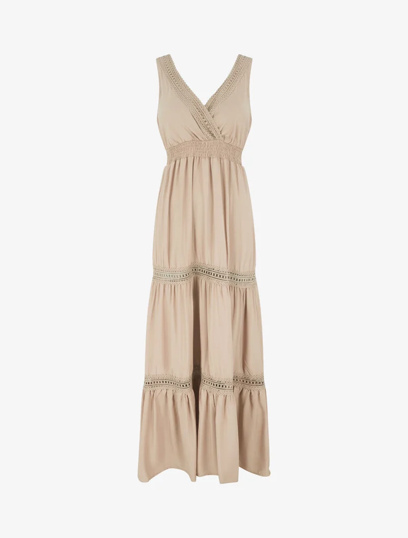 Robe longue unie ajourée - Beige