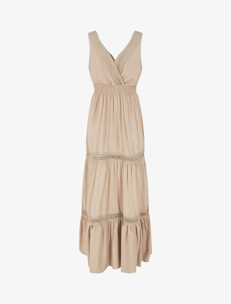 Robe longue unie ajourée - Beige