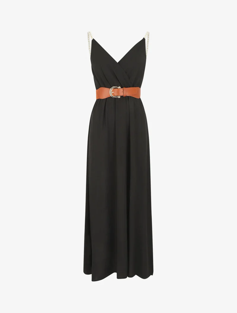 Robe longue unie à bretelles fantaisies - Noir