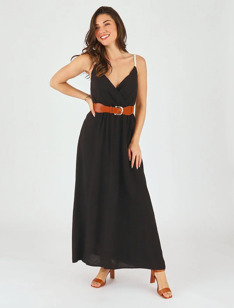 Robe longue unie à bretelles fantaisies - Noir