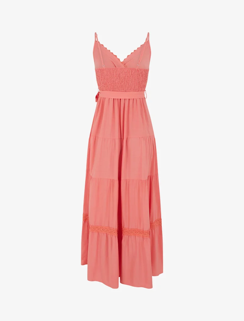 Robe longue unie élastiquée - Corail
