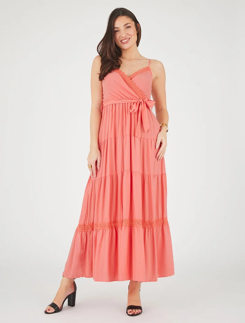 Robe longue unie élastiquée - Corail
