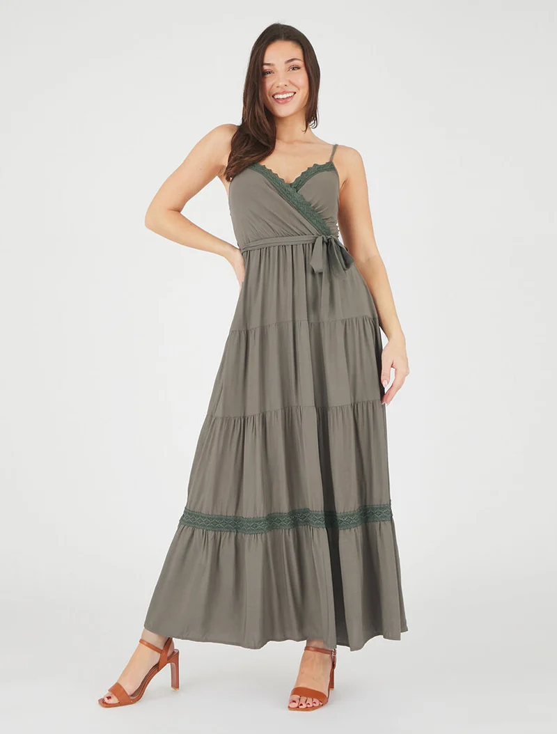 Robe longue unie élastiquée - Kaki