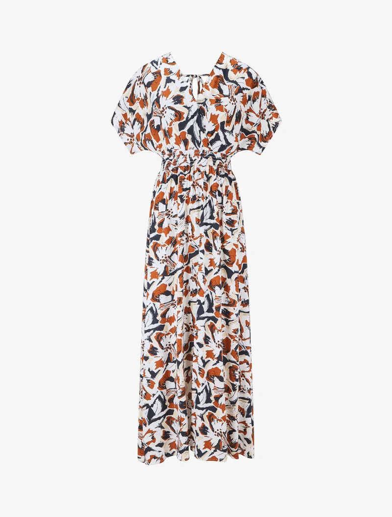 Robe longue manches courtes imprimé tropical - Marine