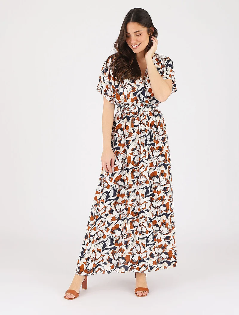 Robe longue manches courtes imprimé tropical - Marine