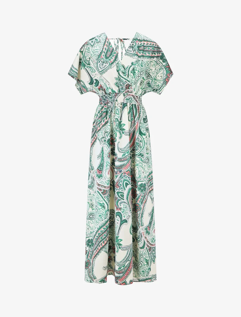 Robe longue manches courtes imprimé cachemire - Vert