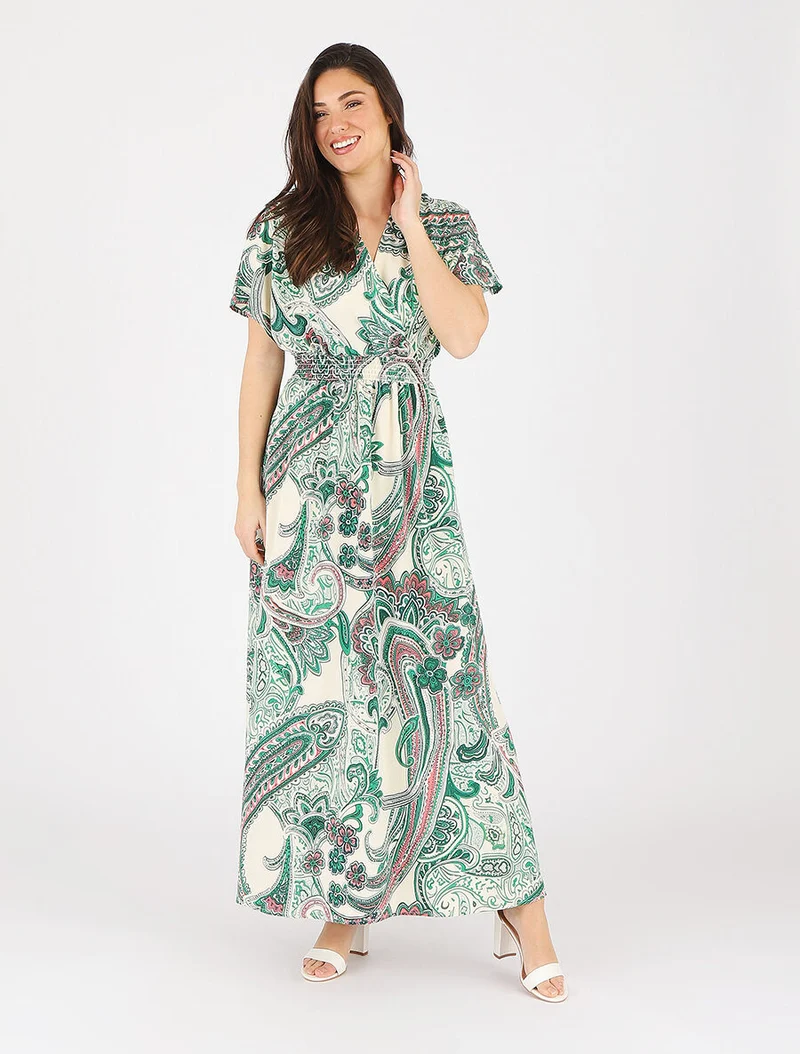 Robe longue manches courtes imprimé cachemire - Vert