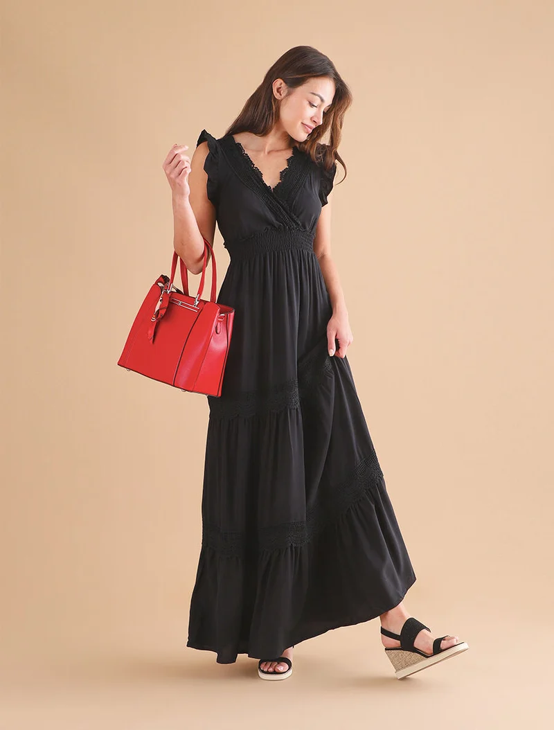Robe longue unie ajourée - Noir