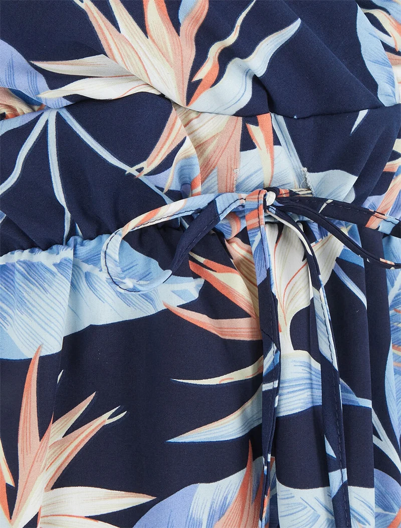 Robe mi-longue imprimé feuilles - Marine