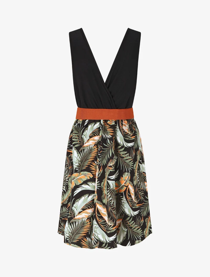 Robe mi-longue sans manches imprimé tropical - Noir