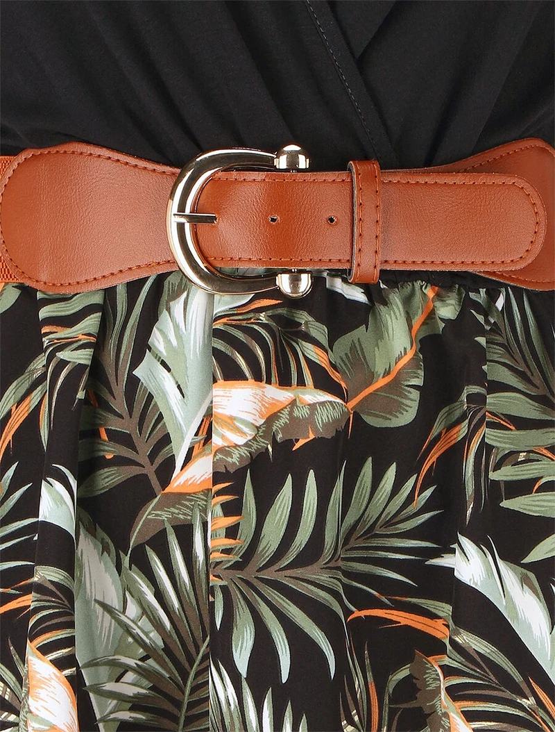 Robe mi-longue sans manches imprimé tropical - Noir