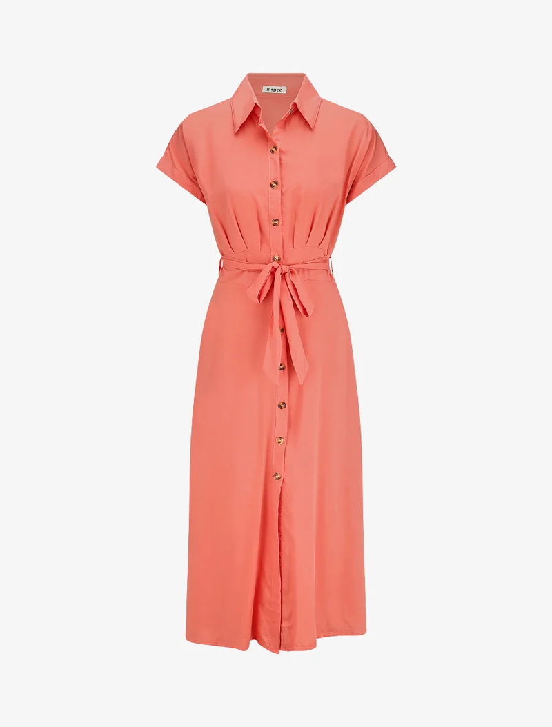 Robe chemise longue évasée et unie - Corail