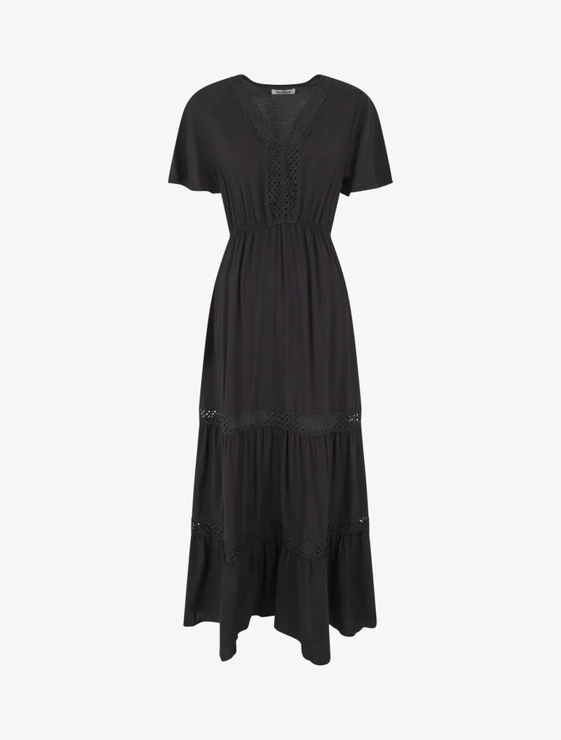 Robe longue évasée à empiècements en dentelle ajourée - Noir