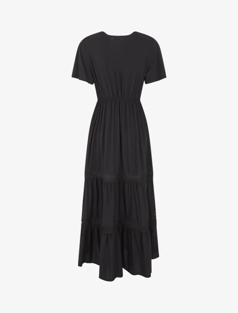 Robe longue évasée à empiècements en dentelle ajourée - Noir