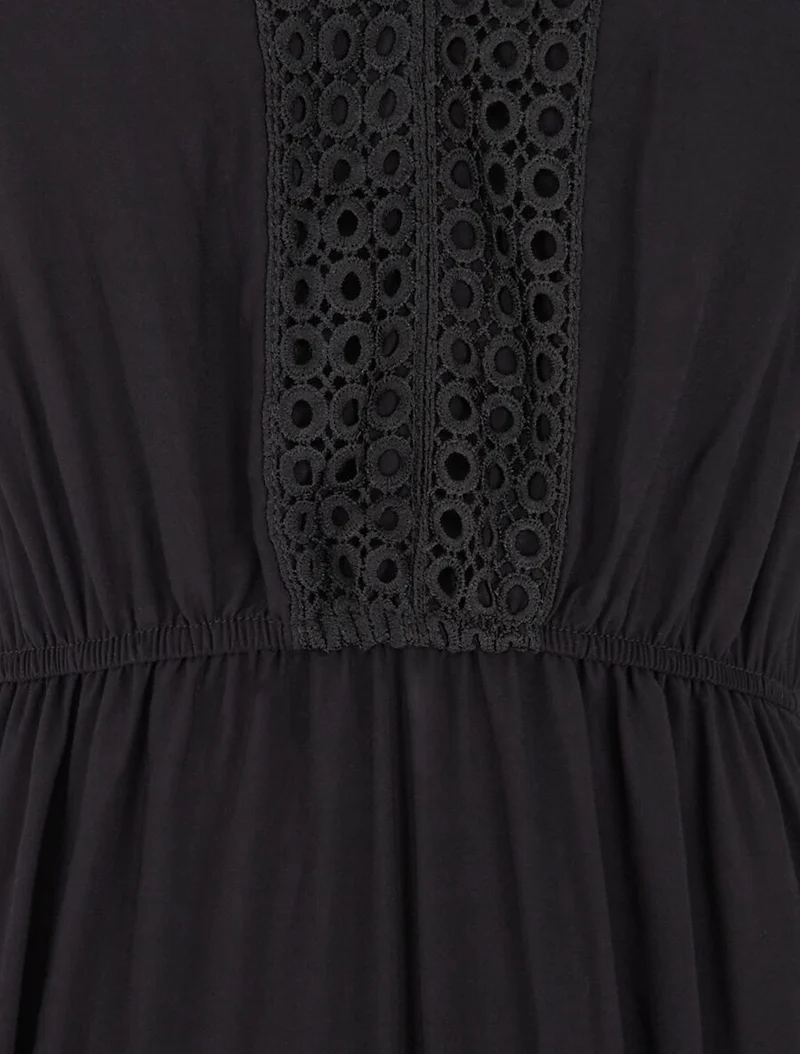 Robe longue évasée à empiècements en dentelle ajourée - Noir