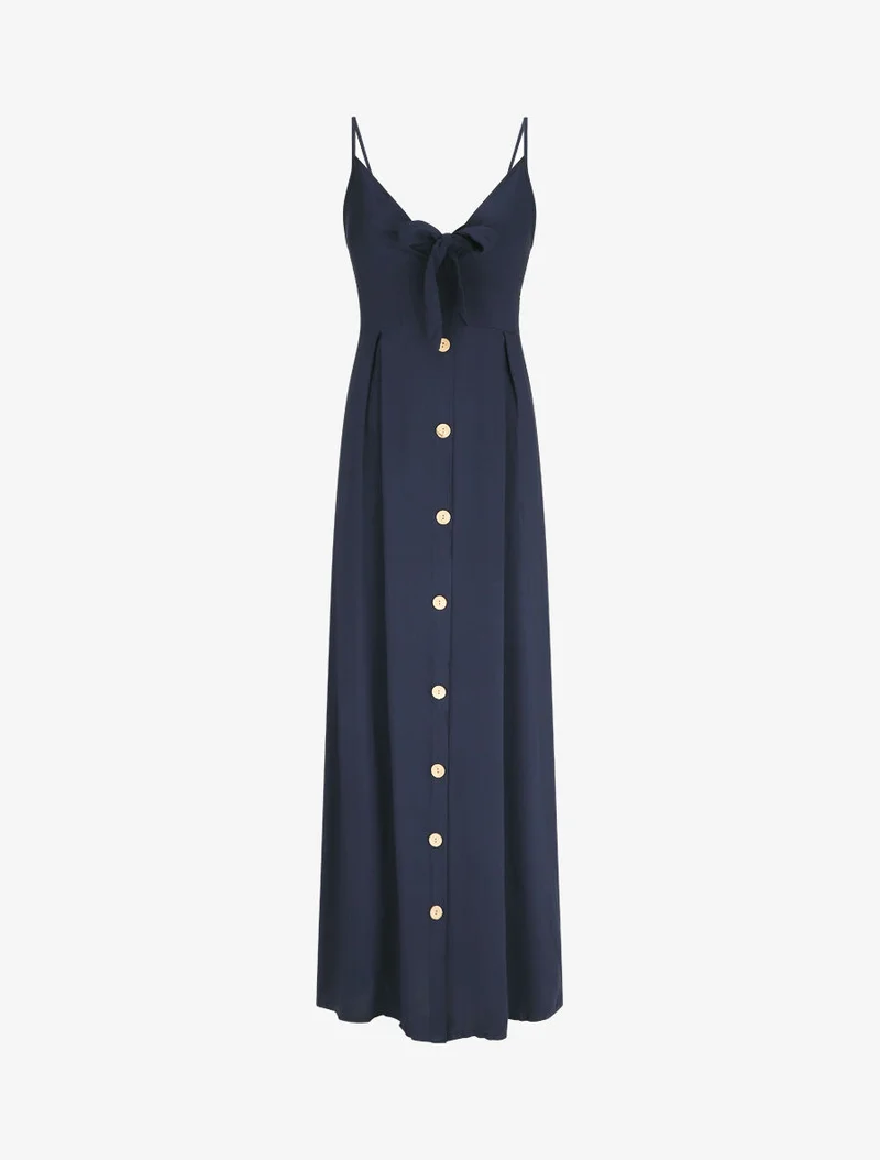 Robe longue unie à boutons décoratifs - Marine