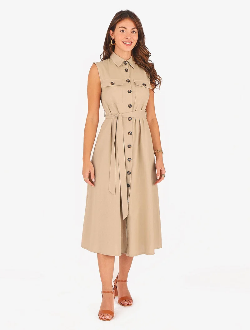 Robe évasée boutonnée à poches - Beige