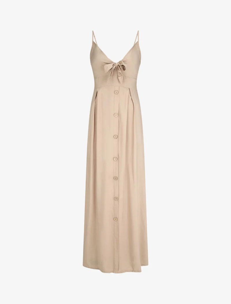 Robe longue unie à boutons décoratifs - Beige