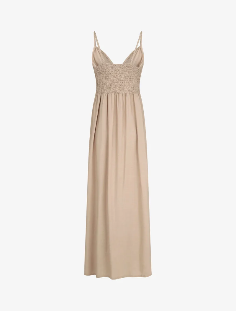 Robe longue unie à boutons décoratifs - Beige