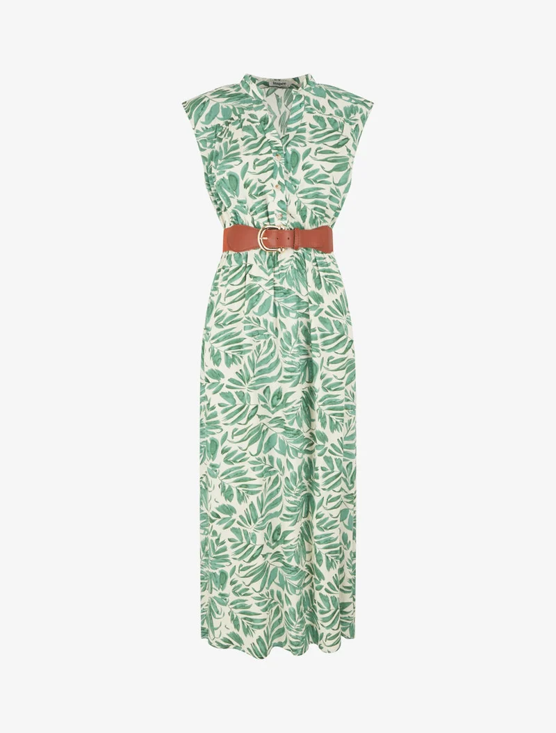 Robe évasée à boutons imprimé végétal - Vert
