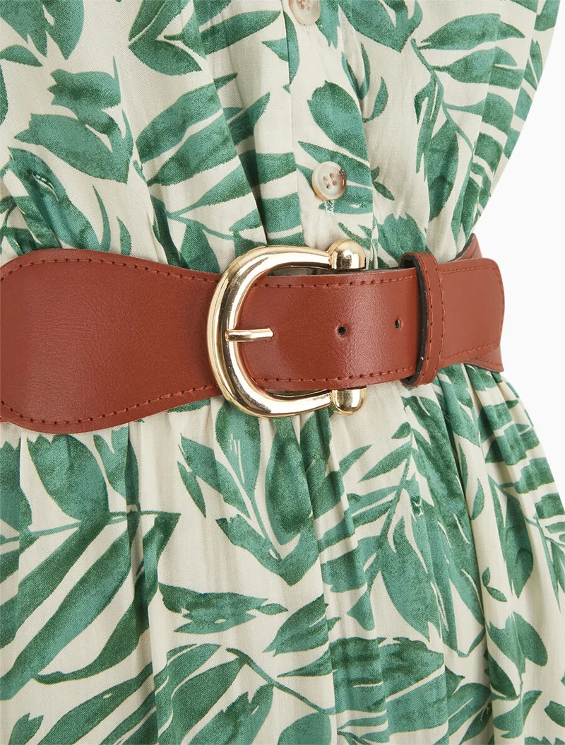 Robe évasée à boutons imprimé végétal - Vert