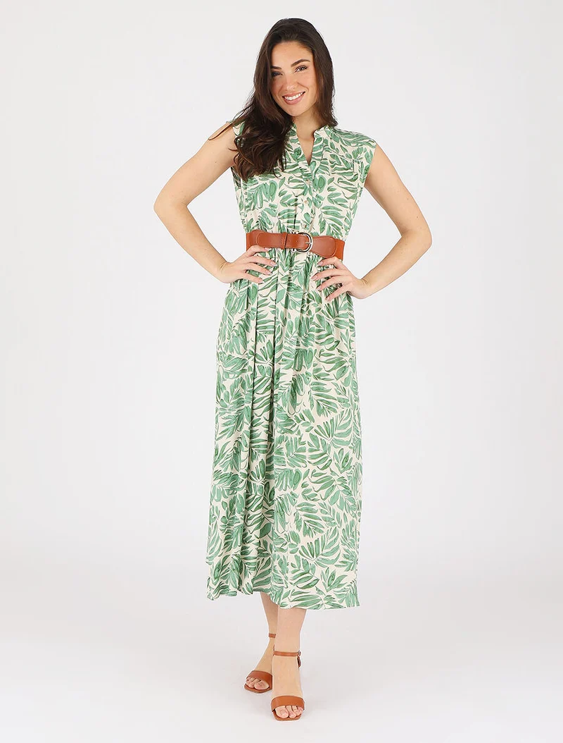 Robe évasée à boutons imprimé végétal - Vert