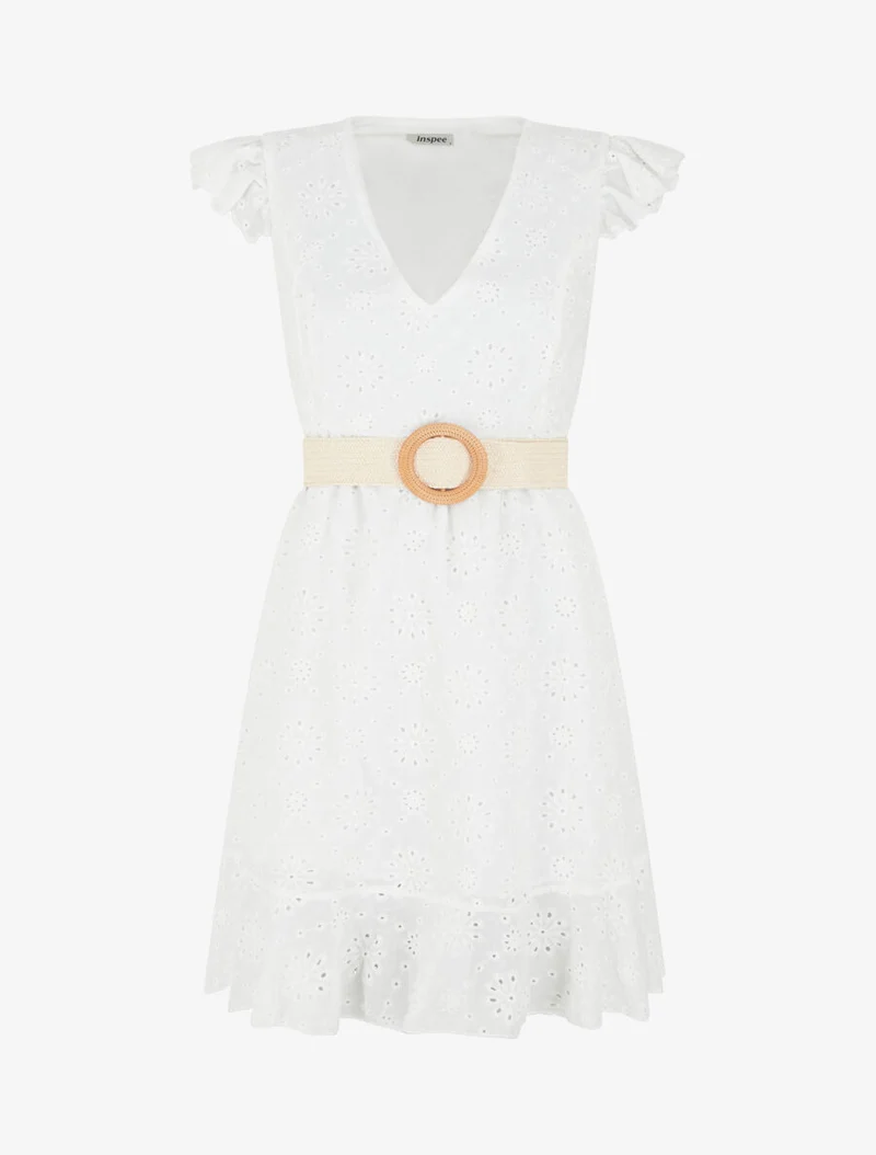 Robe courte évasée en broderie anglaise - Blanc