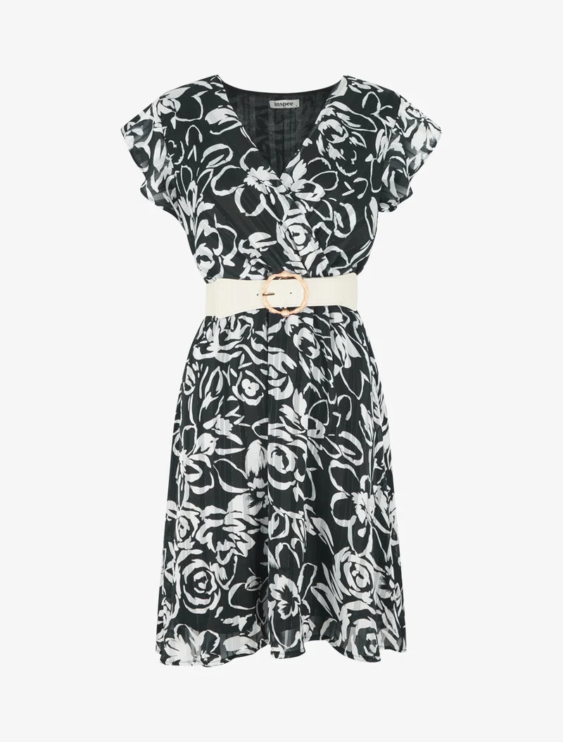 Robe mi-longue imprimé floral irisé - Noir